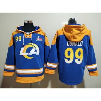 Men's Los Angeles Rams #99 Aaron Donald 2022 Royal Super Bowl LVI Champions Pullover Hoodie Men's Los Angeles Rams #99 Aaron Donald 2022 Royal Super Bowl LVI Champions Pullover Hoodie