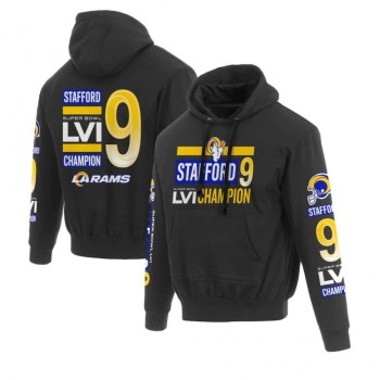 Men's Los Angeles Rams #9 Matthew Stafford 2022 Black Super Bowl LVI Champions Pullover Hoodie Men's Los Angeles Rams #9 Matthew Stafford 2022 Black Super Bowl LVI Champions Pullover Hoodie