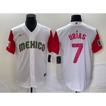 Men's Mexico Baseball #7 Julio Urias 2023 White Red World Baseball With Patch Classic Stitched Jersey Men's Mexico Baseball #7 Julio Urias 2023 White Red World Baseball With Patch Classic Stitched Jersey