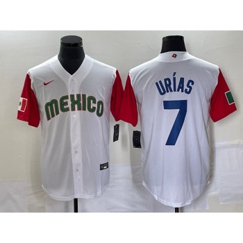 Men's Mexico Baseball #7 Julio Urias 2023 White Red World Baseball With Patch Classic Stitched Jersey Men's Mexico Baseball #7 Julio Urias 2023 White Red World Baseball With Patch Classic Stitched Jersey