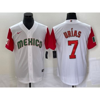 Men's Mexico Baseball #7 Julio Urias 2023 White Red World Baseball With Patch Classic Stitched Jersey Men's Mexico Baseball #7 Julio Urias 2023 White Red World Baseball With Patch Classic Stitched Jersey