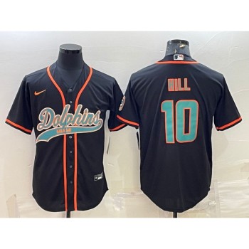 Men's Miami Dolphins #10 Tyreek Hill Black With Patch Cool Base Stitched Baseball Jersey Men's Miami Dolphins #10 Tyreek Hill Black With Patch Cool Base Stitched Baseball Jersey