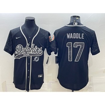 Men's Miami Dolphins #17 Jaylen Waddle Black Reflective With Patch Cool Base Stitched Baseball Jersey Men's Miami Dolphins #17 Jaylen Waddle Black Reflective With Patch Cool Base Stitched Baseball Jersey