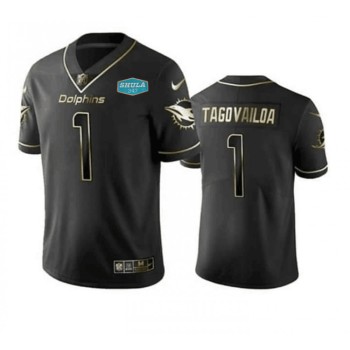Men's Miami Dolphins #1 Tua Tagovailoa 2020 Black Gold With 347 Shula Patch Limited Stitched Jersey Men's Miami Dolphins #1 Tua Tagovailoa 2020 Black Gold With 347 Shula Patch Limited Stitched Jersey