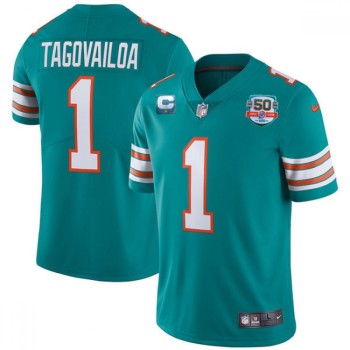 Men's Miami Dolphins #1 Tua Tagovailoa 2022 Aqua With 50th Perfect Season Patch Limited Stitched Jersey Men's Miami Dolphins #1 Tua Tagovailoa 2022 Aqua With 50th Perfect Season Patch Limited Stitched Jersey