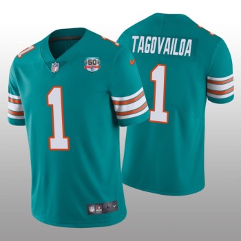 Men's Miami Dolphins #1 Tua Tagovailoa 2022 Aqua With 50th Perfect Season Patch Limited Stitched Jersey Men's Miami Dolphins #1 Tua Tagovailoa 2022 Aqua With 50th Perfect Season Patch Limited Stitched Jersey