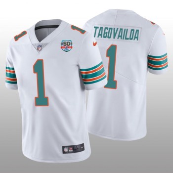 Men's Miami Dolphins #1 Tua Tagovailoa 2022 White With 50th Perfect Season Patch Limited Stitched Jersey Men's Miami Dolphins #1 Tua Tagovailoa 2022 White With 50th Perfect Season Patch Limited Stitched Jersey