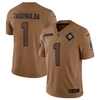 Men's Miami Dolphins #1 Tua Tagovailoa 2023 Brown Salute To Service Limited Stitched Football Jersey Men's Miami Dolphins #1 Tua Tagovailoa 2023 Brown Salute To Service Limited Stitched Football Jersey
