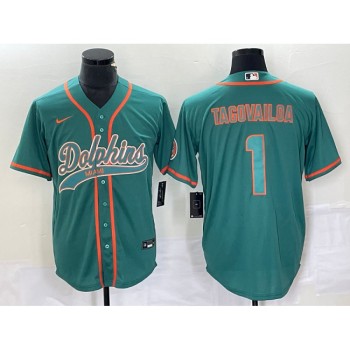 Men's Miami Dolphins #1 Tua Tagovailoa Aqua Cool Base Stitched Baseball Jersey Men's Miami Dolphins #1 Tua Tagovailoa Aqua Cool Base Stitched Baseball Jersey