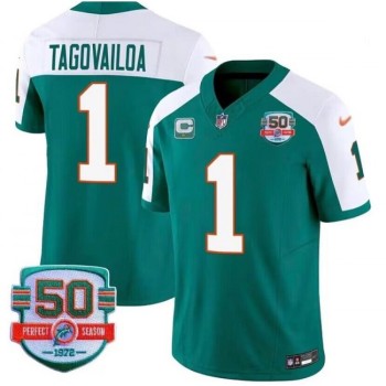 Men's Miami Dolphins #1 Tua Tagovailoa Aqua White 2023 F.U.S.E With 1-star C Patch And 50th Perfect Season Patch Vapor Limited Stitched Football Jersey Men's Miami Dolphins #1 Tua Tagovailoa Aqua White 2023 F.U.S.E With 1-star C Patch And 50th Perfect Season Patch Vapor Limited Stitched Football Jersey