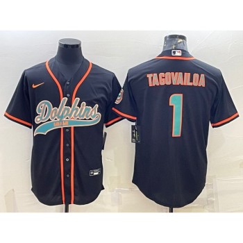 Men's Miami Dolphins #1 Tua Tagovailoa Black With Patch Cool Base Stitched Baseball Jersey Men's Miami Dolphins #1 Tua Tagovailoa Black With Patch Cool Base Stitched Baseball Jersey