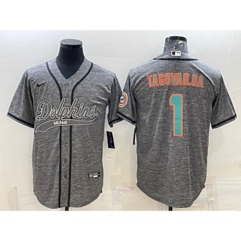 Men's Miami Dolphins #1 Tua Tagovailoa Grey With Patch Cool Base Stitched Baseball Jersey Men's Miami Dolphins #1 Tua Tagovailoa Grey With Patch Cool Base Stitched Baseball Jersey