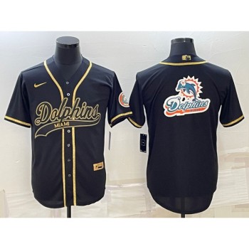 Men's Miami Dolphins Black Gold Team Big Logo With Patch Cool Base Stitched Baseball Jersey Men's Miami Dolphins Black Gold Team Big Logo With Patch Cool Base Stitched Baseball Jersey