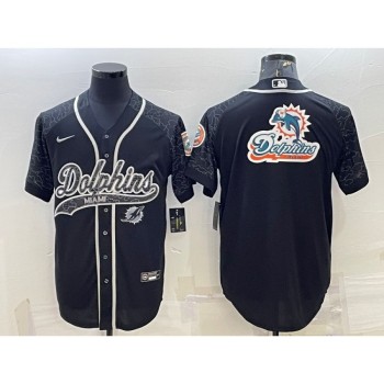 Men's Miami Dolphins Black Reflective Team Big Logo With Patch Cool Base Stitched Baseball Jersey Men's Miami Dolphins Black Reflective Team Big Logo With Patch Cool Base Stitched Baseball Jersey