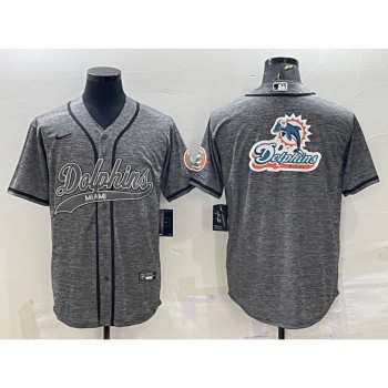 Men's Miami Dolphins Grey Team Big Logo With Patch Cool Base Stitched Baseball Jersey Men's Miami Dolphins Grey Team Big Logo With Patch Cool Base Stitched Baseball Jersey