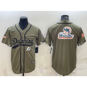 Men's Miami Dolphins Olive 2022 Salute To Service Team Big Logo Cool Base Stitched Baseball Jersey 001 Men's Miami Dolphins Olive 2022 Salute To Service Team Big Logo Cool Base Stitched Baseball Jersey 001