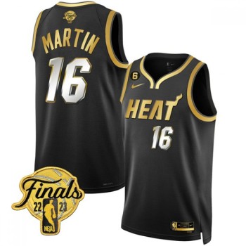 Men's Miami Heat #16 Caleb Martin Black Gold Edition 2023 Finals Collection With NO.6 Patch Stitched Basketball Jersey Men's Miami Heat #16 Caleb Martin Black Gold Edition 2023 Finals Collection With NO.6 Patch Stitched Basketball Jersey