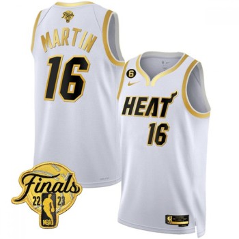 Men's Miami Heat #16 Caleb Martin White Gold Edition 2023 Finals Collection With NO.6 Patch Stitched Basketball Jersey Men's Miami Heat #16 Caleb Martin White Gold Edition 2023 Finals Collection With NO.6 Patch Stitched Basketball Jersey