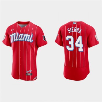 Men's Miami Marlins #34 Magneuris Sierra Red 2021 City Connect Flex Base Stitched Jersey Men's Miami Marlins #34 Magneuris Sierra Red 2021 City Connect Flex Base Stitched Jersey