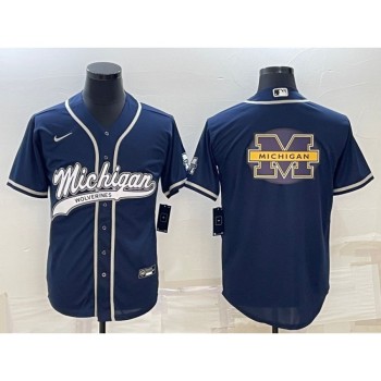 Men's Michigan Wolverines Navy Team Big Logo With Patch Cool Base Stitched Baseball Jersey Men's Michigan Wolverines Navy Team Big Logo With Patch Cool Base Stitched Baseball Jersey