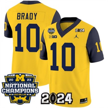 Men's Michigan Wolverines #10 Tom Brady Yellow/Navy 2024 F.U.S.E. With 2023 National Champions Patch Stitched Jersey Men's Michigan Wolverines #10 Tom Brady Yellow/Navy 2024 F.U.S.E. With 2023 National Champions Patch Stitched Jersey