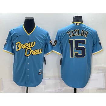 Men's Milwaukee Brewers #15 Tyrone Taylor 2022 Powder Blue City Connect Cool Base Stitched Jersey Men's Milwaukee Brewers #15 Tyrone Taylor 2022 Powder Blue City Connect Cool Base Stitched Jersey