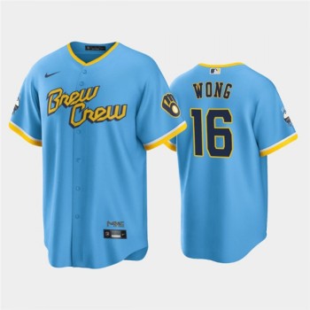 Men's Milwaukee Brewers #16 Kolten Wong 2022 Powder Blue City Connect Cool Base Stitched Jersey Men's Milwaukee Brewers #16 Kolten Wong 2022 Powder Blue City Connect Cool Base Stitched Jersey