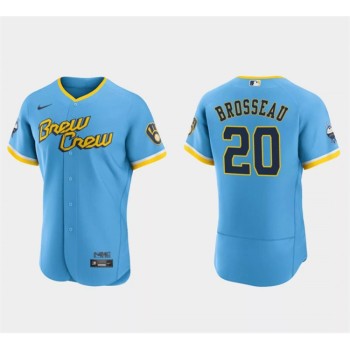 Men's Milwaukee Brewers #20 Mike Brosseau Powder Blue 2022 City Connect Flex Base Stitched Baseball Jersey Men's Milwaukee Brewers #20 Mike Brosseau Powder Blue 2022 City Connect Flex Base Stitched Baseball Jersey