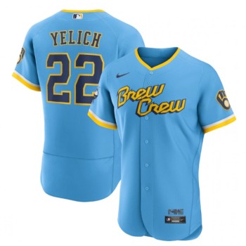 Men's Milwaukee Brewers #22 Christian Yelich Powder Blue 2022 City Connect Flex Base Stitched MLB Jersey Men's Milwaukee Brewers #22 Christian Yelich Powder Blue 2022 City Connect Flex Base Stitched MLB Jersey