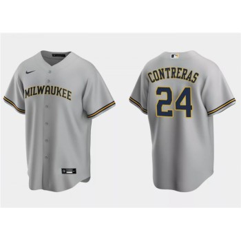 Men's Milwaukee Brewers #24 William Contreras Grey Cool Base Stitched Jersey Men's Milwaukee Brewers #24 William Contreras Grey Cool Base Stitched Jersey