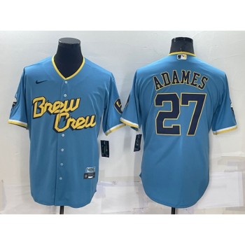 Men's Milwaukee Brewers #27 Willy Adames 2022 Powder Blue City Connect Cool Base Stitched Jersey Men's Milwaukee Brewers #27 Willy Adames 2022 Powder Blue City Connect Cool Base Stitched Jersey