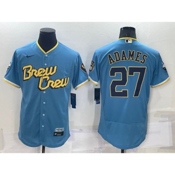 Men's Milwaukee Brewers #27 Willy Adames 2022 Powder Blue City Connect Flex Base Stitched Jersey Men's Milwaukee Brewers #27 Willy Adames 2022 Powder Blue City Connect Flex Base Stitched Jersey