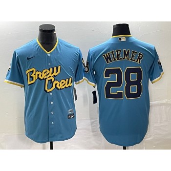 Men's Milwaukee Brewers #28 Joey Wiemer 2022 Powder Blue City Connect Cool Base Stitched Jersey
