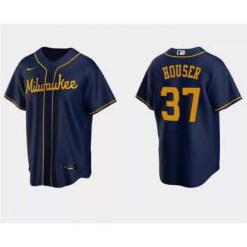 Men's Milwaukee Brewers #37 Adrian Houser Navy Cool Base Stitched Jersey