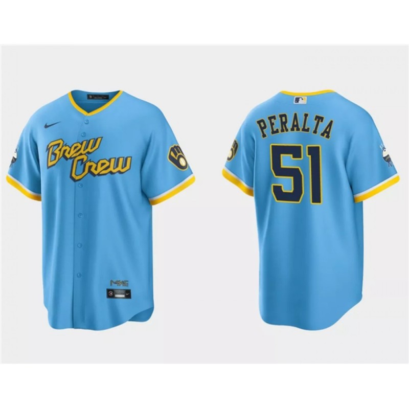 Men's Milwaukee Brewers #51 Freddy Penalta Powder Blue City Connect Cool Base Stitched Jersey Men's Milwaukee Brewers #51 Freddy Penalta Powder Blue City Connect Cool Base Stitched Jersey