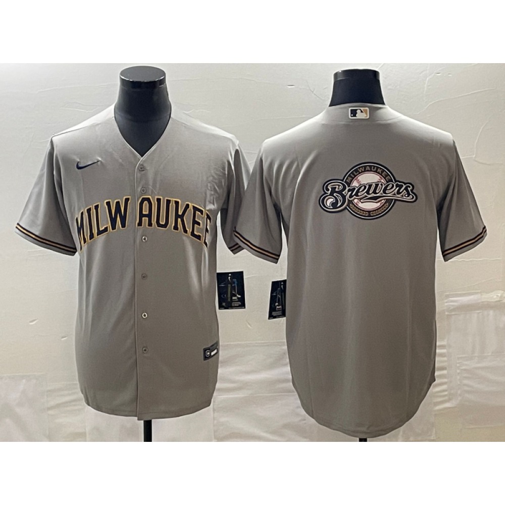 Men's Milwaukee Brewers Gray Team Big Logo Cool Base Stitched Jersey