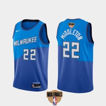 Men's Milwaukee Bucks #22 Khris Middleton 2021 NBA Finals Blue City Edition Stitched Jersey Men's Milwaukee Bucks #22 Khris Middleton 2021 NBA Finals Blue City Edition Stitched Jersey