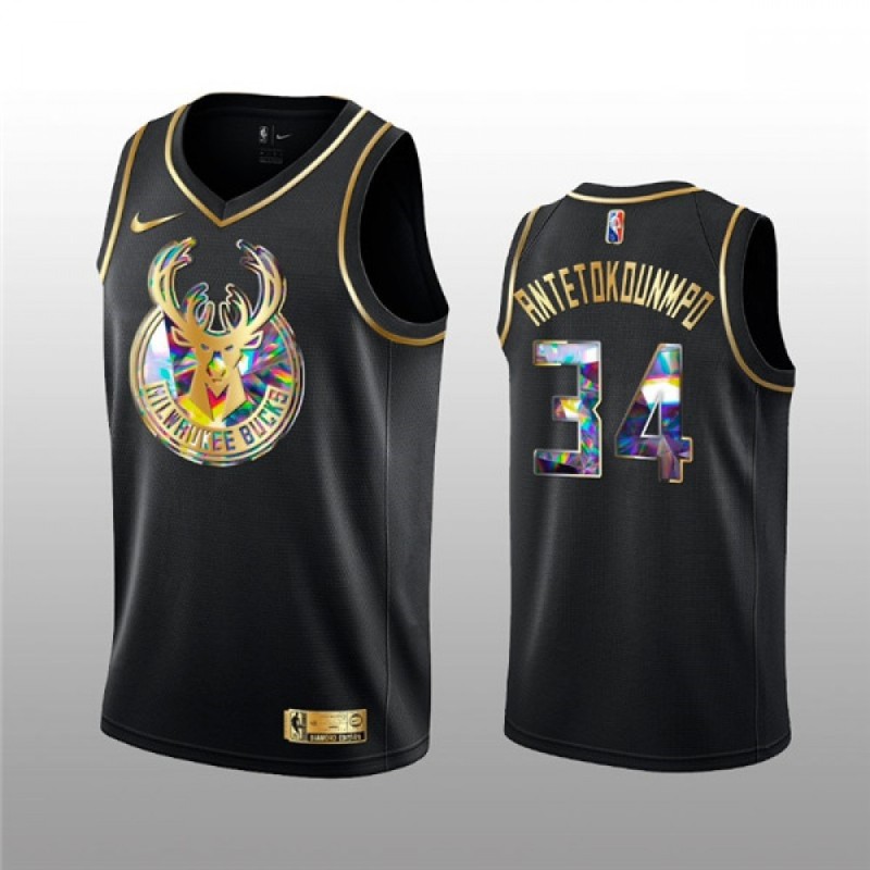 Men's Milwaukee Bucks #34 Giannis Antetokounmpo 2021/22 Black Golden Edition 75th Anniversary Diamond Logo Stitched Basketball Jersey Men's Milwaukee Bucks #34 Giannis Antetokounmpo 2021/22 Black Golden Edition 75th Anniversary Diamond Logo Stitched Basketball Jersey