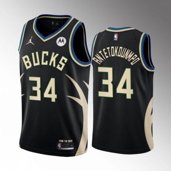 Men's Milwaukee Bucks #34 Giannis Antetokounmpo 2022/23 Black Statement Edition Stitched Basketball Jersey Men's Milwaukee Bucks #34 Giannis Antetokounmpo 2022/23 Black Statement Edition Stitched Basketball Jersey