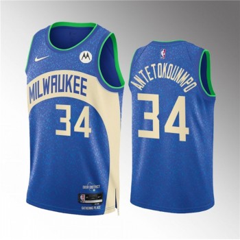 Men's Milwaukee Bucks #34 Giannis Antetokounmpo 2023/24 Blue City Edition Stitched Basketball Jersey Men's Milwaukee Bucks #34 Giannis Antetokounmpo 2023/24 Blue City Edition Stitched Basketball Jersey