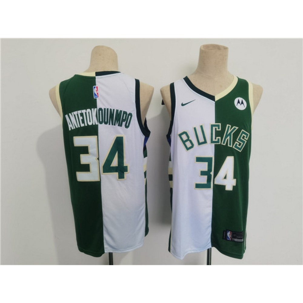 Men's Milwaukee Bucks #34 Giannis Antetokounmpo Green/White Split Stitched Basketball Jersey