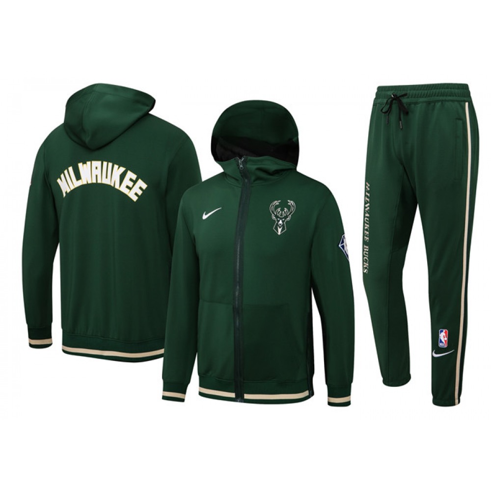 Men's Milwaukee Bucks 75th Anniversary Green Performance Showtime Full-Zip Hoodie Jacket And Pants  Suit