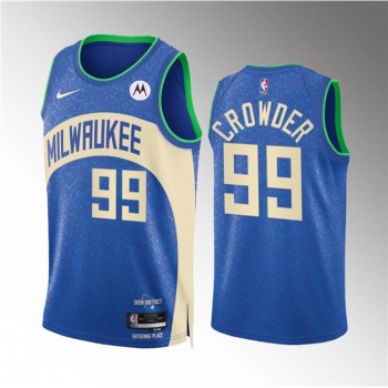 Men's Milwaukee Bucks #99 Jae Crowder 2023/24 Blue City Edition Stitched Basketball Jersey Men's Milwaukee Bucks #99 Jae Crowder 2023/24 Blue City Edition Stitched Basketball Jersey