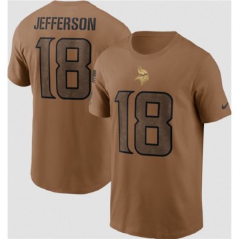Men's Minnesota Vikings #18 Justin Jefferson 2023 Brown Salute To Service Name & Number T-Shirt Men's Minnesota Vikings #18 Justin Jefferson 2023 Brown Salute To Service Name & Number T-Shirt