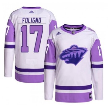 Men's Minnesota Wild #17 Marcus Foligno Green 2022 White/Purple Stitched Jersey Men's Minnesota Wild #17 Marcus Foligno Green 2022 White/Purple Stitched Jersey