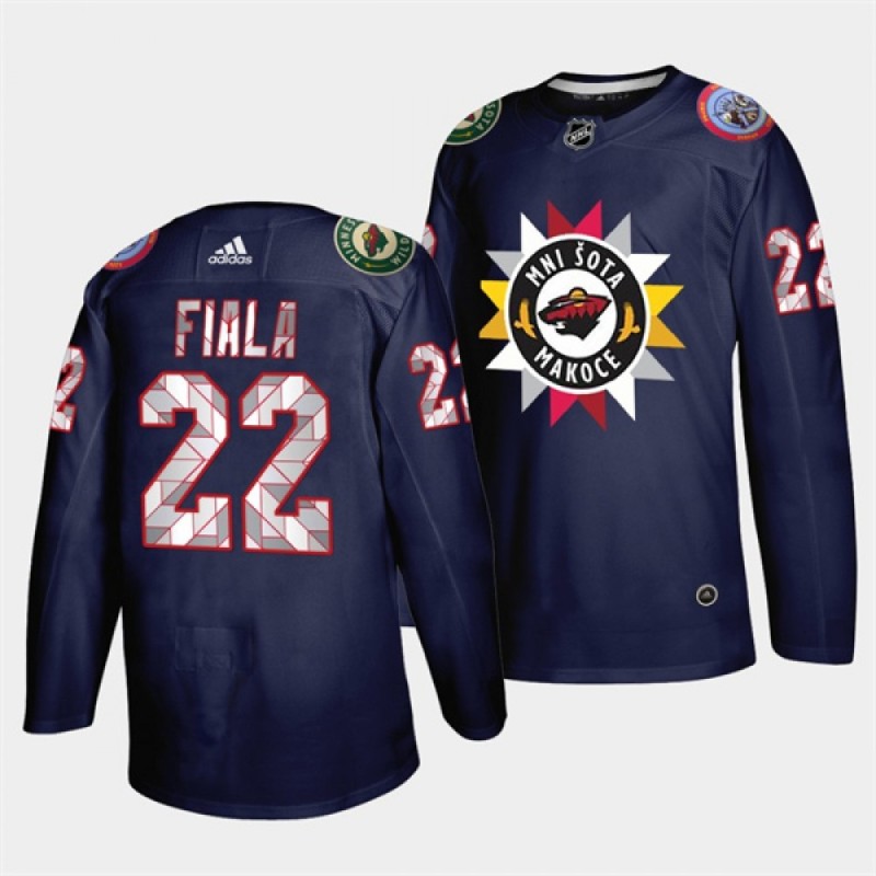 Men's Minnesota Wild #22 Kevin Fiala 2021/22 Navy Native American Heritage Day Stitched Jersey Men's Minnesota Wild #22 Kevin Fiala 2021/22 Navy Native American Heritage Day Stitched Jersey
