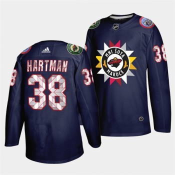 Men's Minnesota Wild #38 Ryan Hartman 2021/22 Navy Native American Heritage Day Stitched Jersey Men's Minnesota Wild #38 Ryan Hartman 2021/22 Navy Native American Heritage Day Stitched Jersey