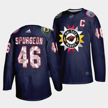 Men's Minnesota Wild #46 Jared Spurgeon 2021/22 Navy Native American Heritage Day Stitched Jersey Men's Minnesota Wild #46 Jared Spurgeon 2021/22 Navy Native American Heritage Day Stitched Jersey