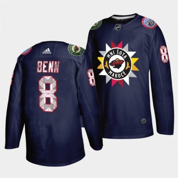 Men's Minnesota Wild #8 Jordie Benn 2021/22 Navy Native American Heritage Day Stitched Jersey Men's Minnesota Wild #8 Jordie Benn 2021/22 Navy Native American Heritage Day Stitched Jersey