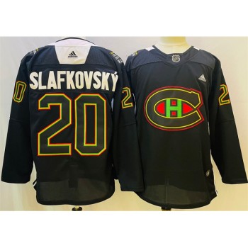 Men's Montreal Canadiens #20 Juraj Slafkovsky 2022 Black Warm Up History Night Stitched Jersey Men's Montreal Canadiens #20 Juraj Slafkovsky 2022 Black Warm Up History Night Stitched Jersey